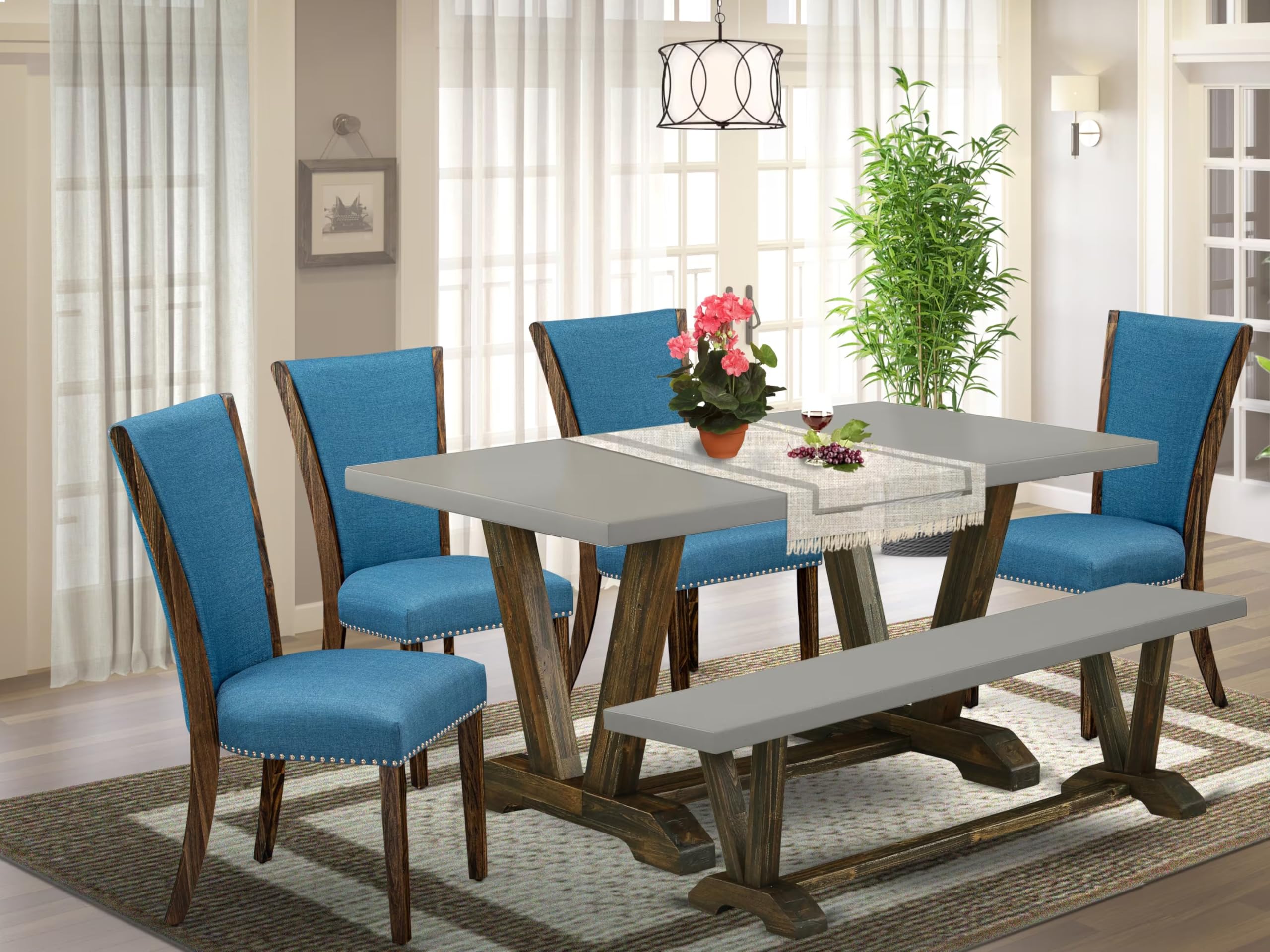 East West Furniture V796VE721-6 6 Piece Modern Dining Table Set Contains a Rectangle Wooden Table and 4 Blue Color Linen Fabric Upholstered Chairs with a Bench, 36x60 Inch, Multi-Color